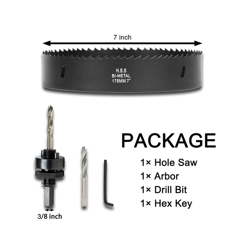 VIKITON 7 Inch Hole Saw with Arbor for Wood Metal Plastic, 7 in Bimetal Hole Cutter, Fast Chip Removal, Smooth Flat Drilling Edge, Lightweight & Portable (Black) - Image 3